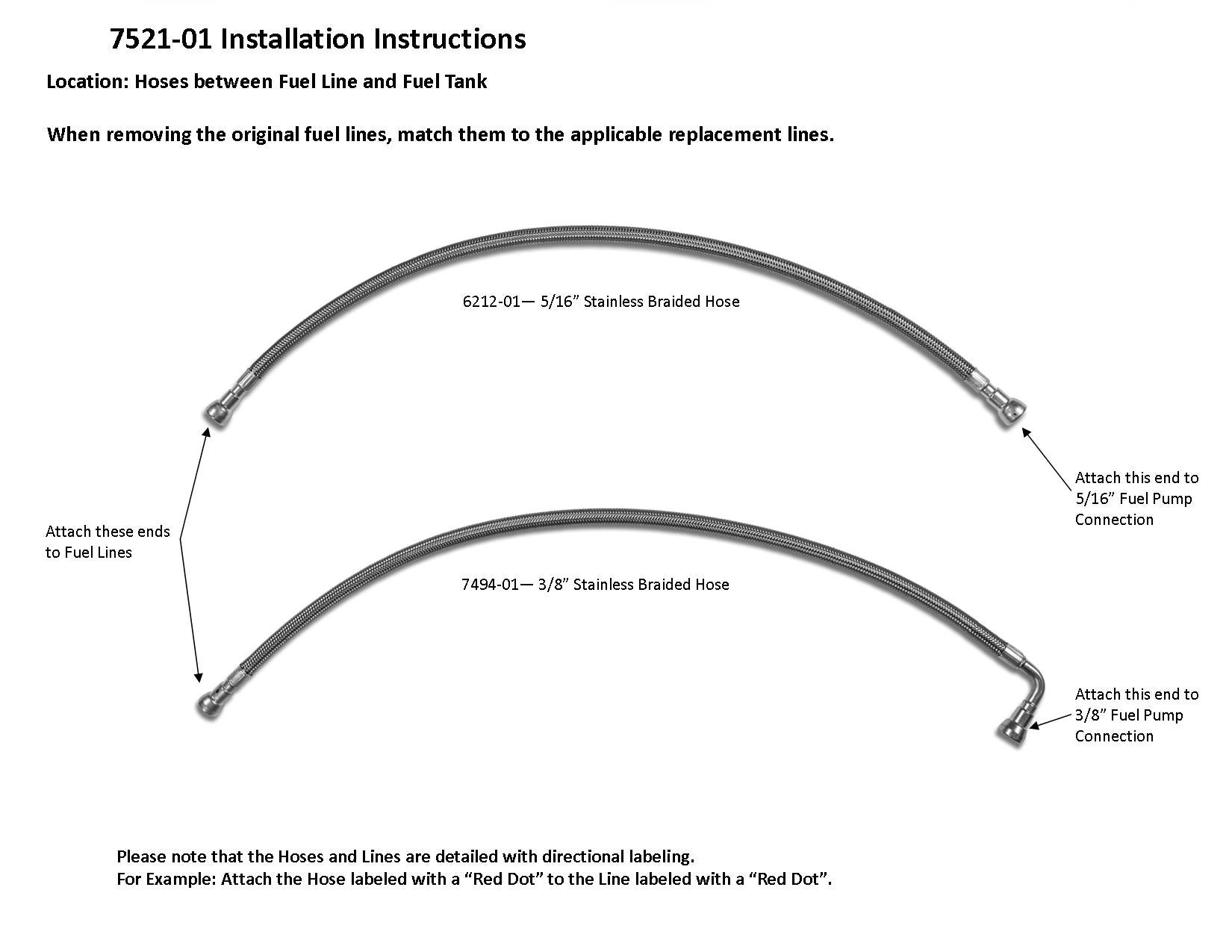 Tuyaux tressés en téflon en acier inoxydable Chevy S10 2002 entre les conduites de carburant et le réservoir de carburant, cabine standard, lit de 7,5 pieds, 7521-01A6