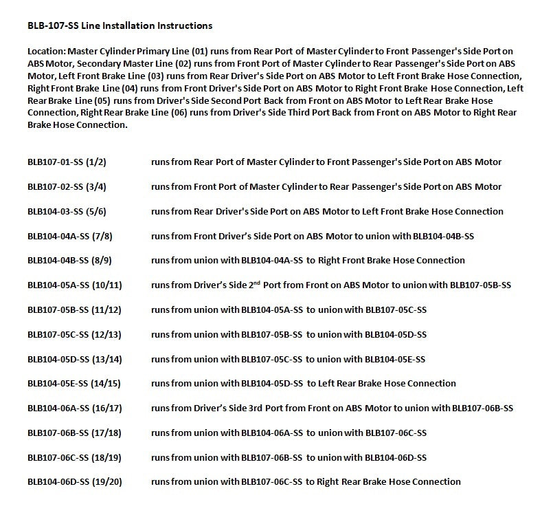 Buick Lucerne Brake Line Set 2010 3.9L BLB-107-SS1C Stainless Steel