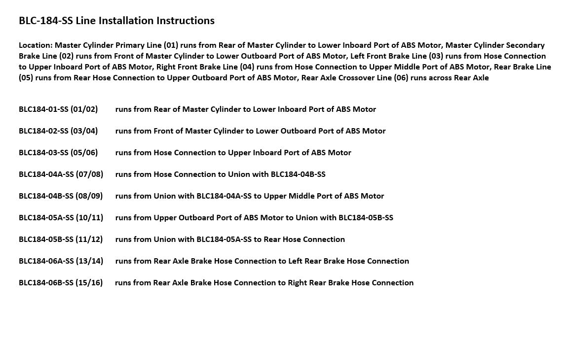 Chevy Avalanche Brake Line Set 2003 2500 8.1L BLC-184-SS1A Stainless Steel