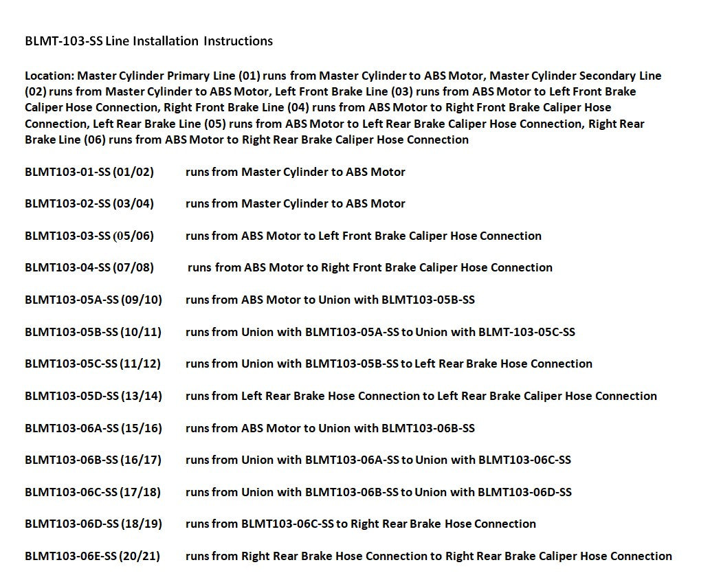 Mitsubishi Lancer Brake Line Set 2010 2WD 2.0L BLMT-103-SS1C Stainless Steel