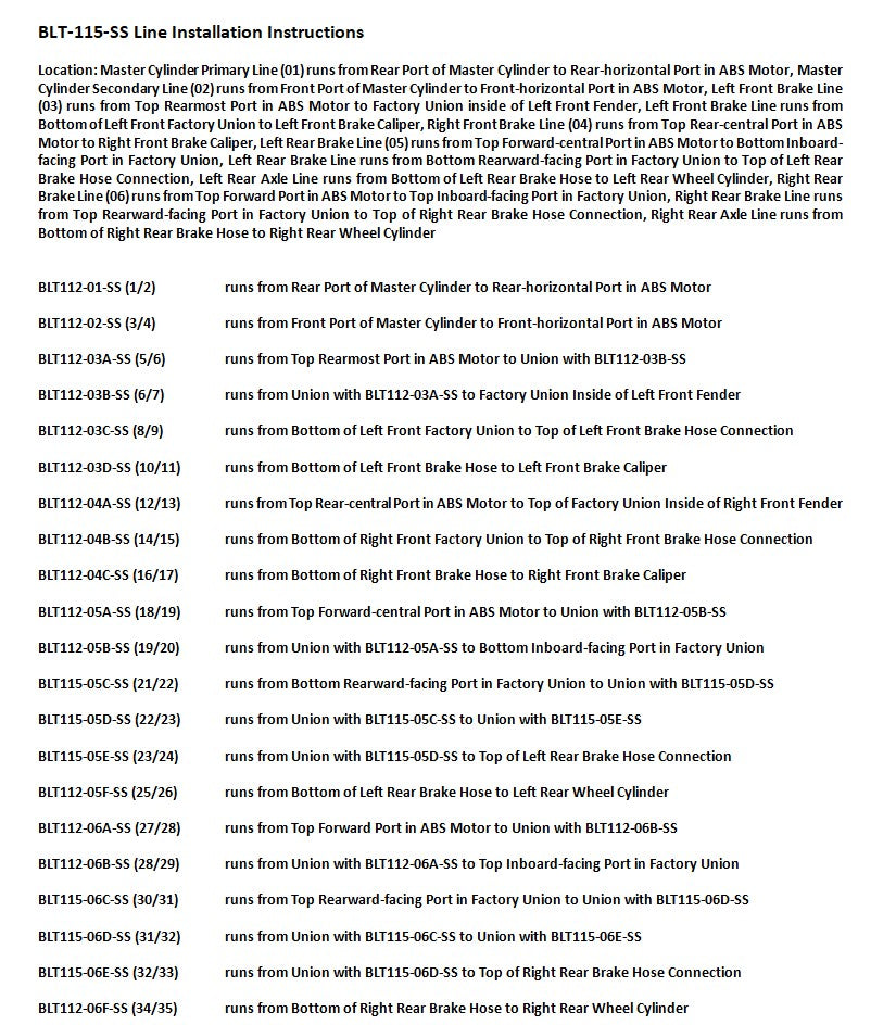 Toyota Tacoma Brake Line Set 2011 4WD Double Cab 6ft Bed 4.0L BLT-115-SS1H Stainless Steel