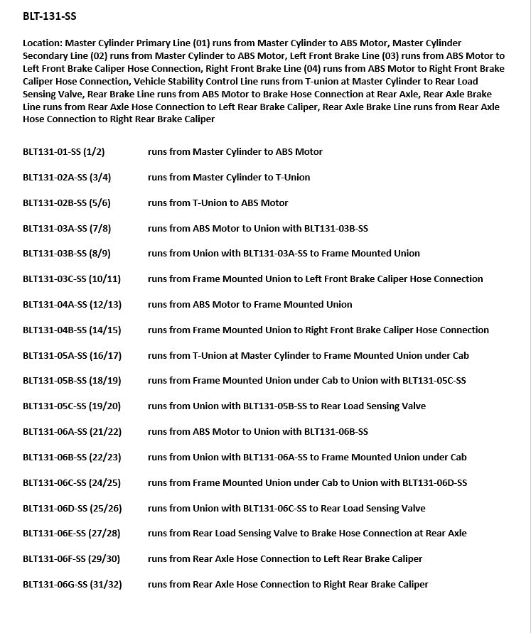 Toyota Tacoma Brake Line Set 2000 4WD Reg Cab 6ft Bed 2.7L BLT-131-SS1C Stainless Steel