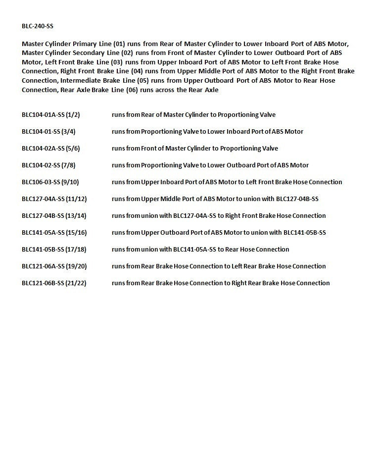 Chevy Silverado Brake Line Set 2003 1500 2WD Ext Cab 8ft Bed 4.8L BLC-240-SS1B Stainless Steel