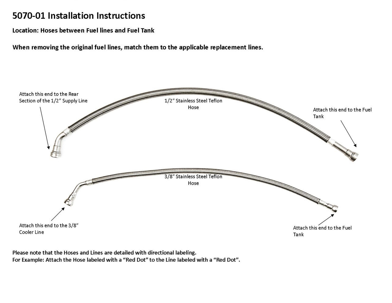Chevy Silverado/GMC Sierra 2500HD/3500/3500HD Stainless Steel Braided Teflon Hoses 2004 Between Fuel Lines and Fuel Tank Duramax Diesel 6.6L w/engine code LB7 5070-01D