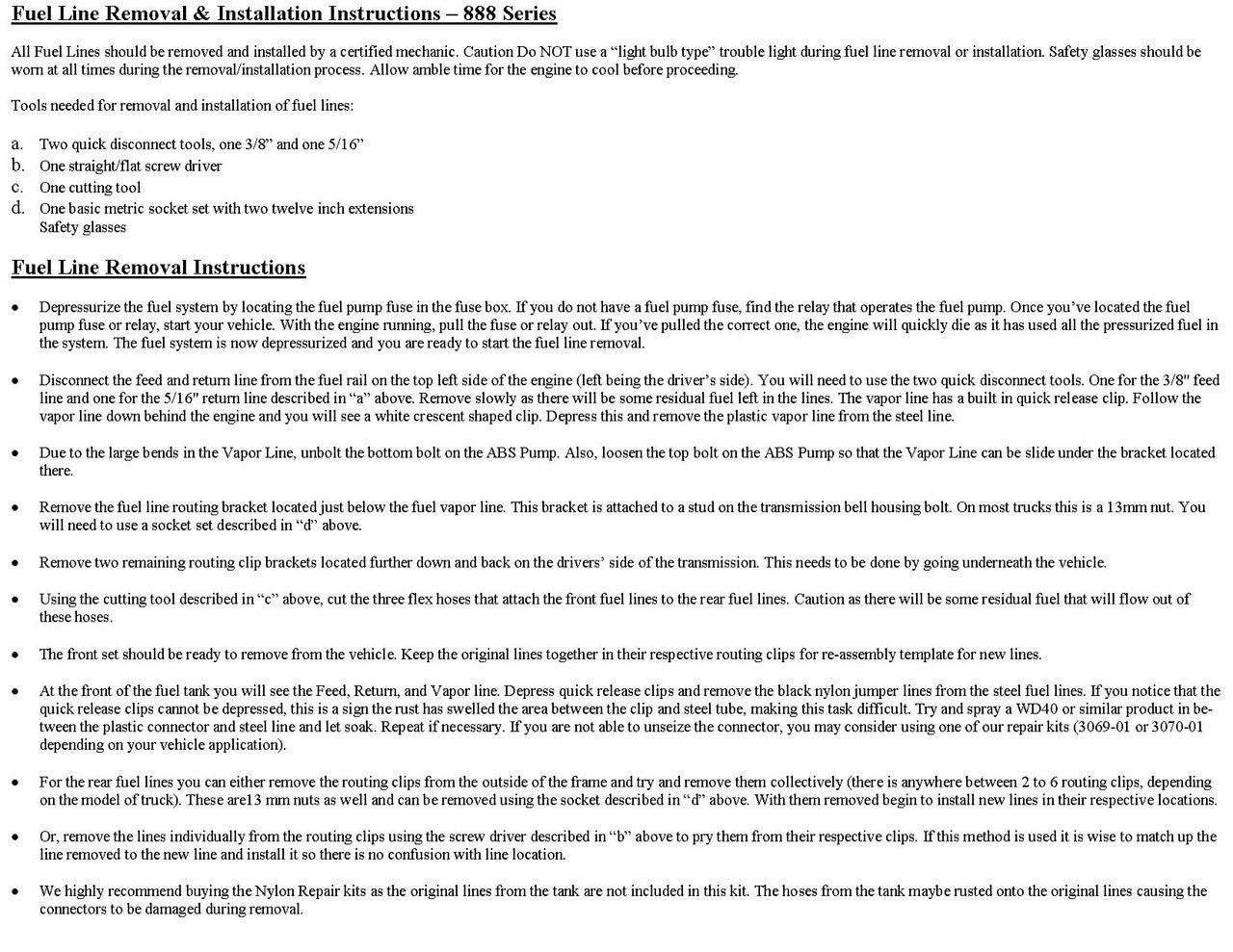 GMC Sierra EZ Install Fuel Line Set 2001 2500HD/3500HD/3500 Ext Cab 6.5ft/8ft Bed 8.1L FL888-A2D